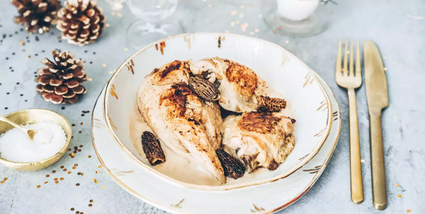 Recette de Noël Chapon au vin jaune & morilles