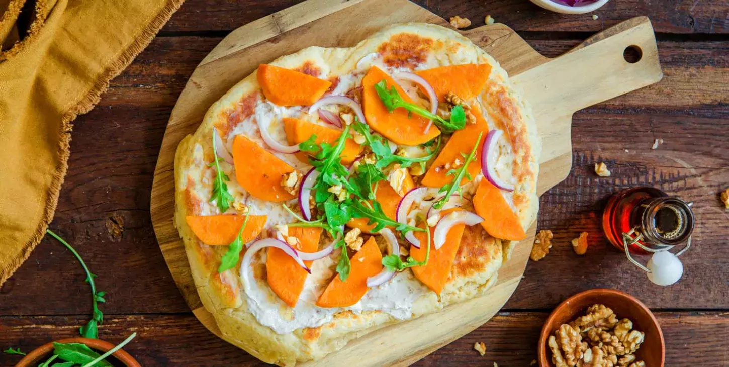 Pizza naan patate douce, Fromage Fouetté Nature au Sel de Guérandeet sirop d’érable